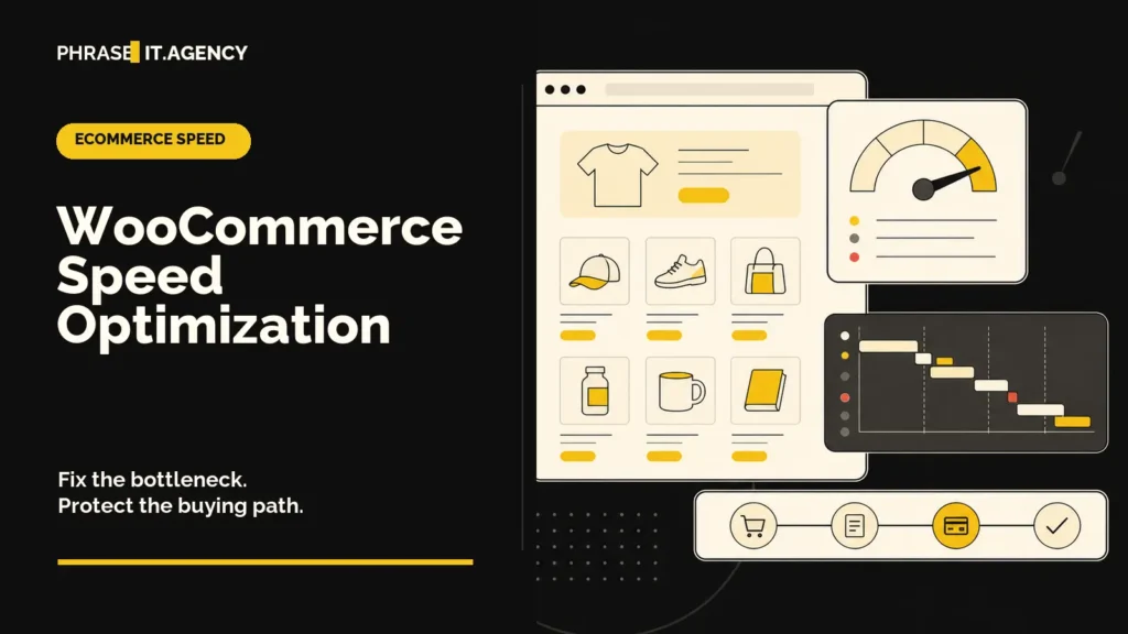 WooCommerce speed optimization illustration showing a product store, performance gauge, request waterfall, and protected checkout path