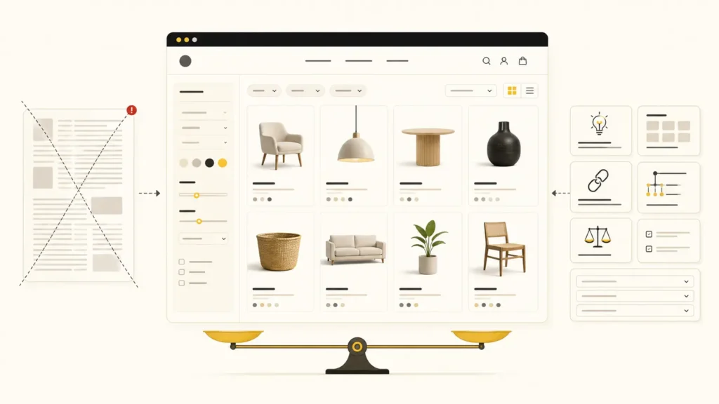 Clean ecommerce product grid balanced with modular buying guidance, related links, and FAQs while rejecting a wall of text.