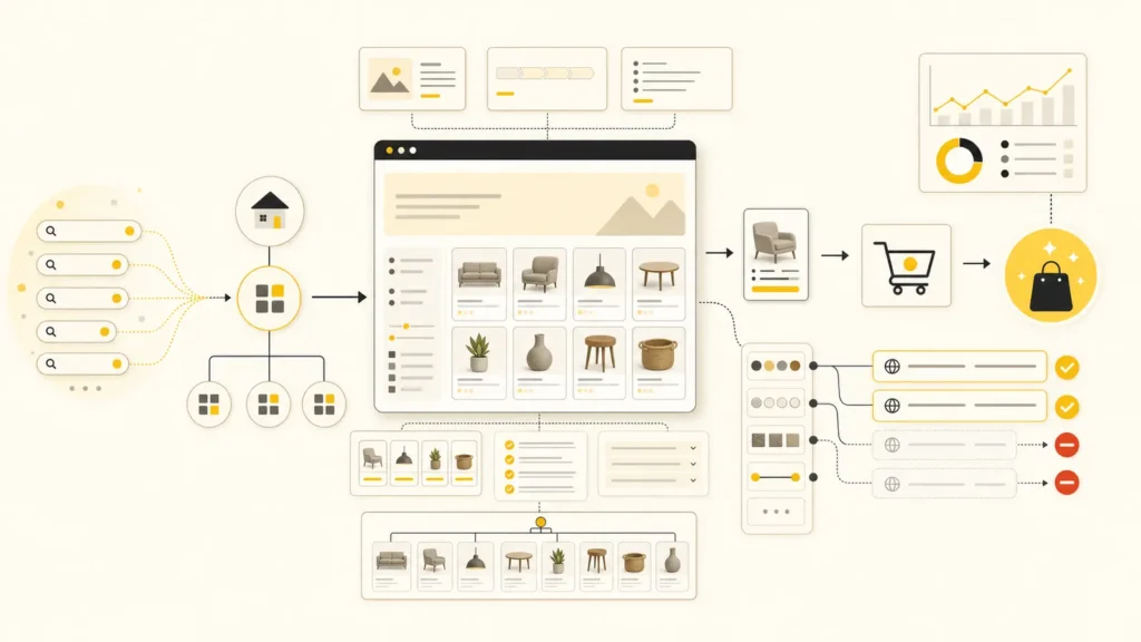 Category page SEO system connecting search demand, store architecture, products, controlled filters, supporting content, purchases, and measurement.