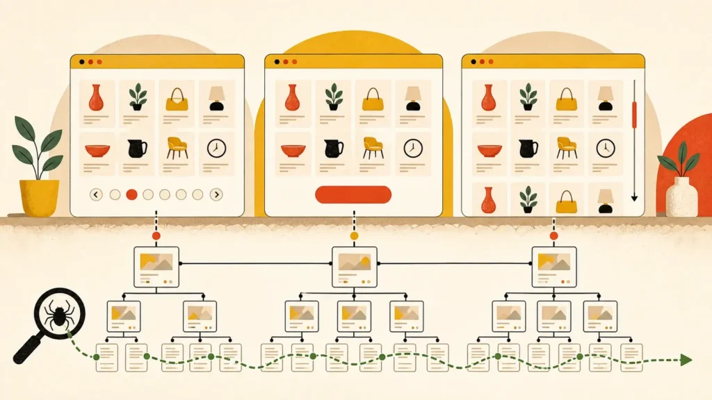 Ecommerce product categories using pagination, Load More, and infinite scroll above a shared crawlable page architecture
