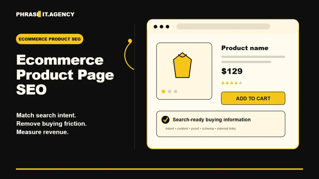 Branded ecommerce product page SEO illustration showing product information, price, reviews, an add-to-cart button, and search-ready buying information.