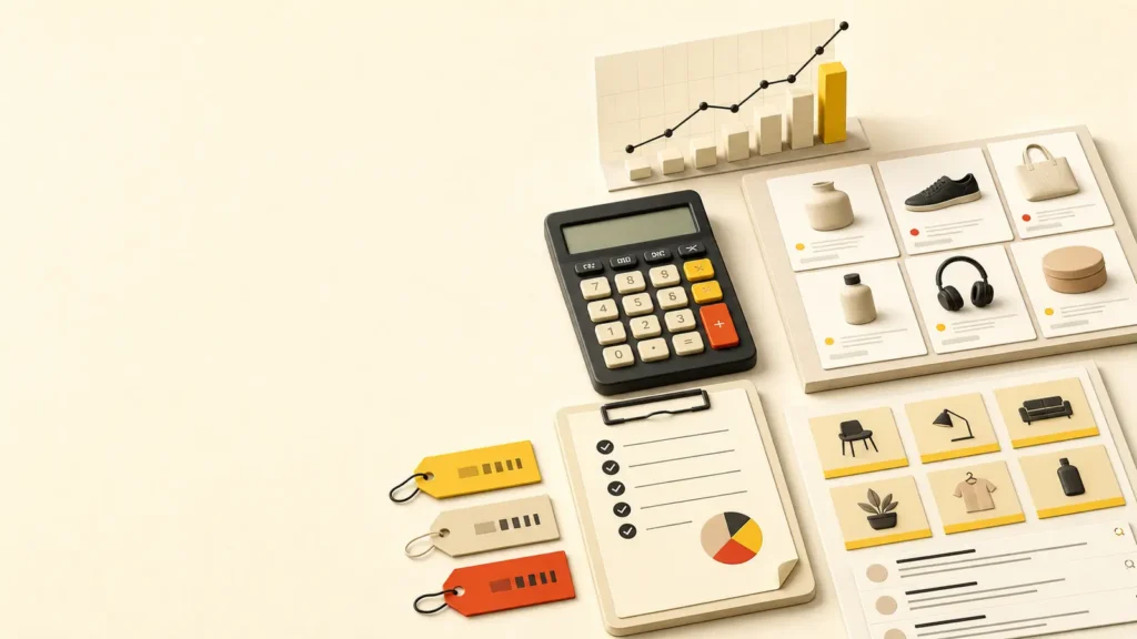 Calculator, ecommerce product cards, SEO audit checklist, and rising revenue chart representing ecommerce SEO cost planning.