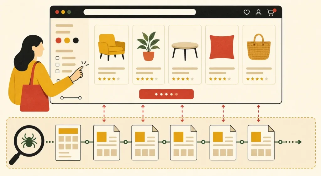 Load More ecommerce interface connected to a sequence of crawlable paginated category pages