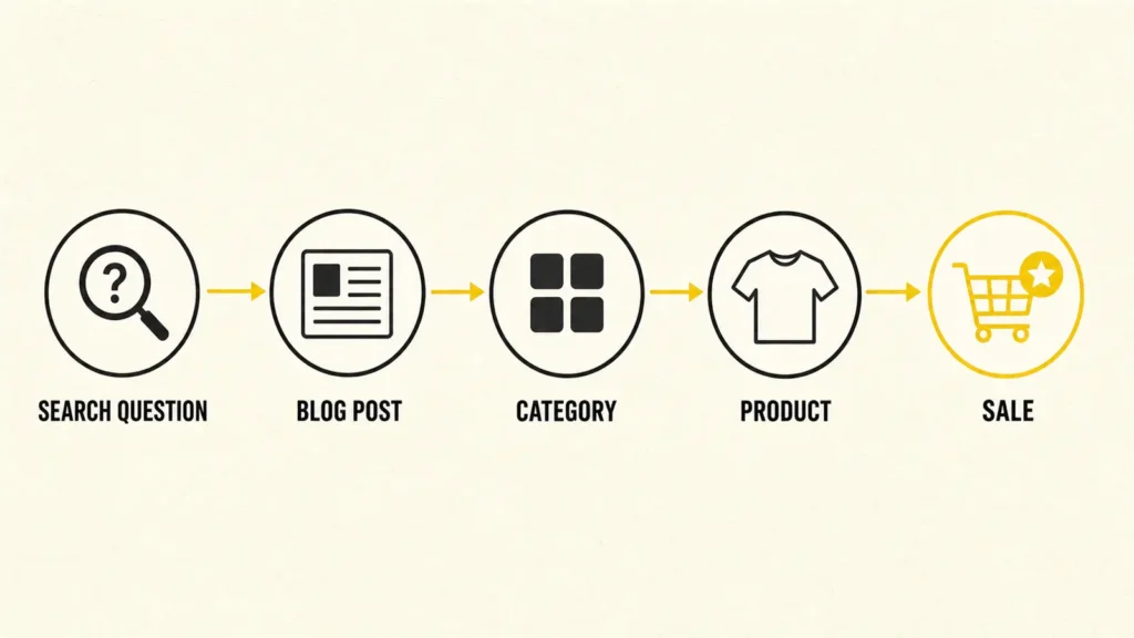 Five-stage ecommerce blogging path from search question to blog post, category, product, and sale.