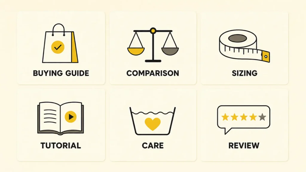 Six useful ecommerce blog content types: buying guides, comparisons, sizing guides, tutorials, care content, and reviews.