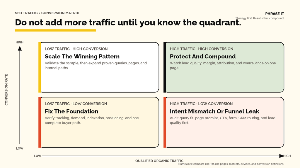 SEO Traffic And Conversion Diagnostic Matrix Phrase It SEO traffic not converting diagnostic framework. “High” and “low” are relative to the same site’s qualified-traffic baseline and commercial target, not a universal benchmark.