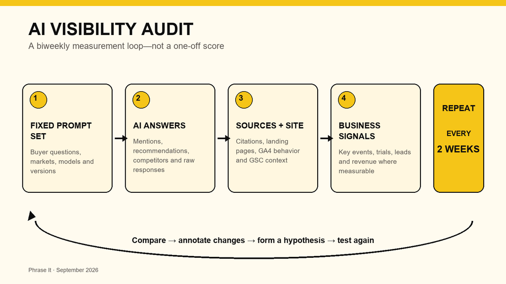 The AI visibility audit measurement system. A fixed prompt set produces answer-level evidence, which is connected to website behavior and business outcomes, then repeated every two weeks.