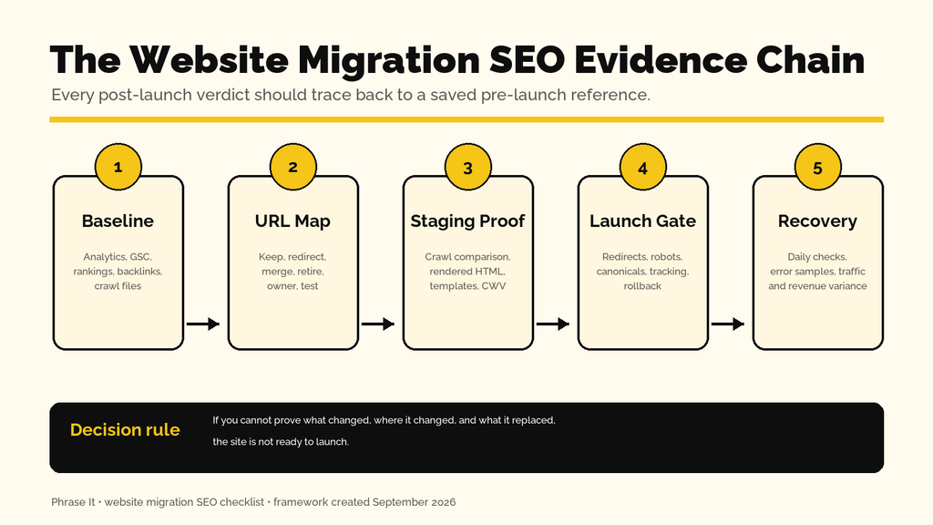 The migration evidence chain: baseline → URL map → staging proof → launch gate → recovery.