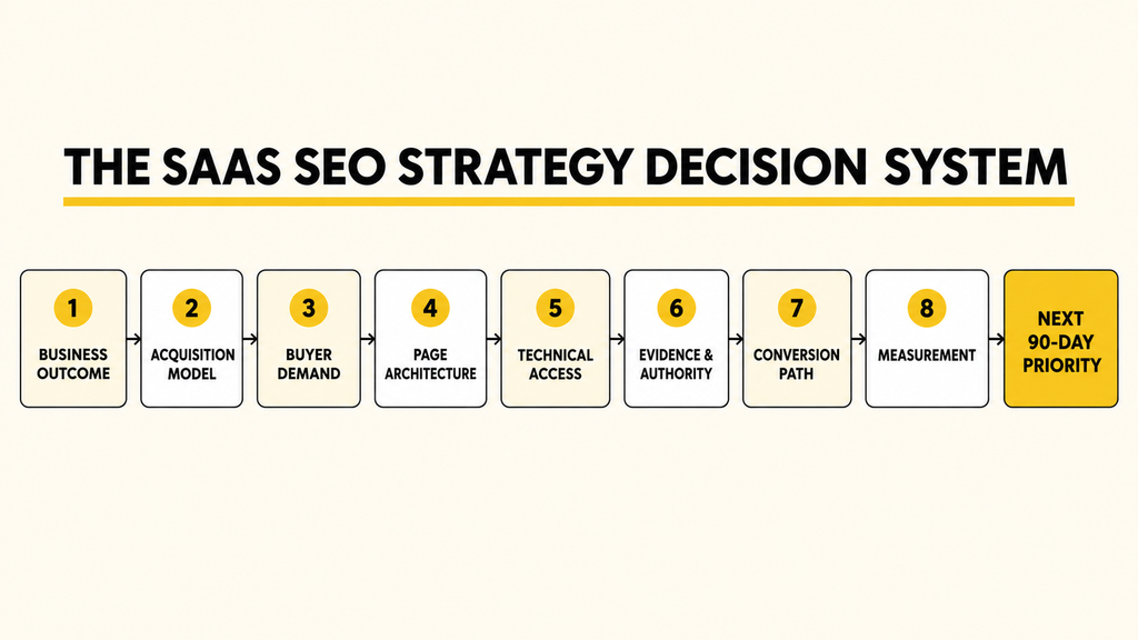 SaaS SEO strategy decision system moving from business outcome and acquisition model through buyer demand, page architecture, technical access, authority, conversion, measurement, and the next 90-day priority.