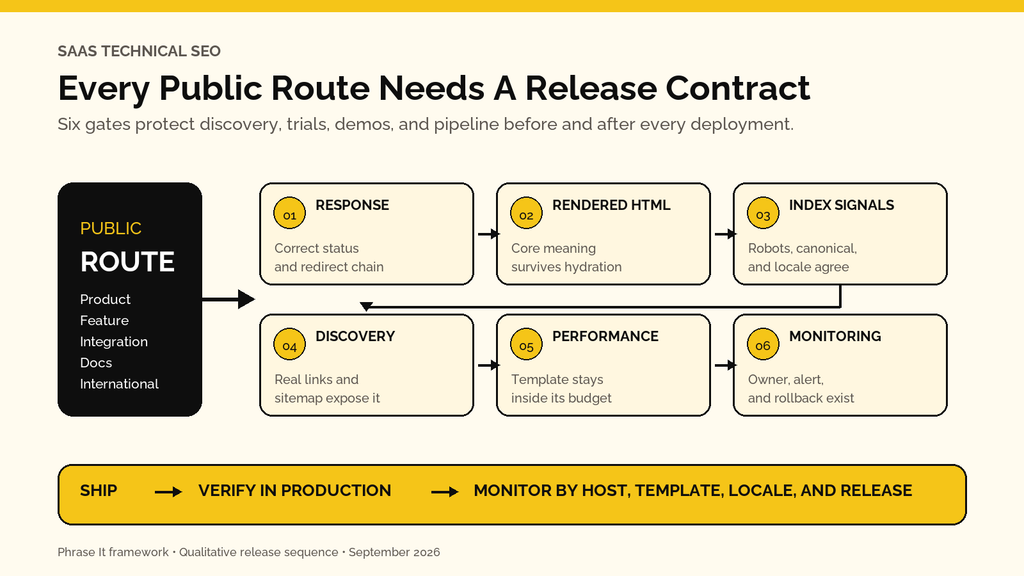 Figure 1. A public SaaS route should pass six technical SEO release gates before acquisition is considered protected.